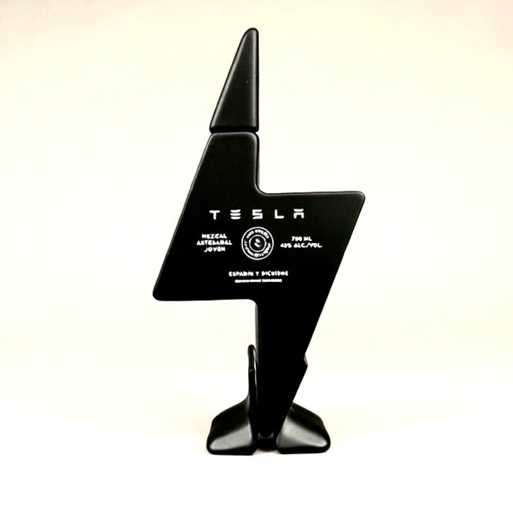 Limited Edition Tesla Black Mezcal Bottle with White Text and Logo
